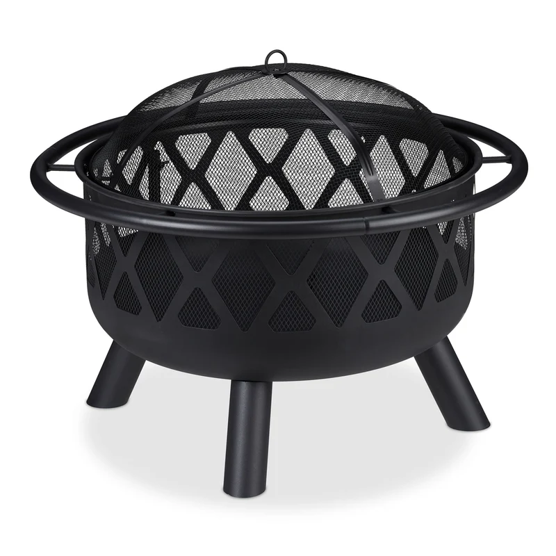 Brasero de jardin rond avec grillage réglable pour feux de camp convivial 80 x 80 x 40 cm en métal noir 13_0010061