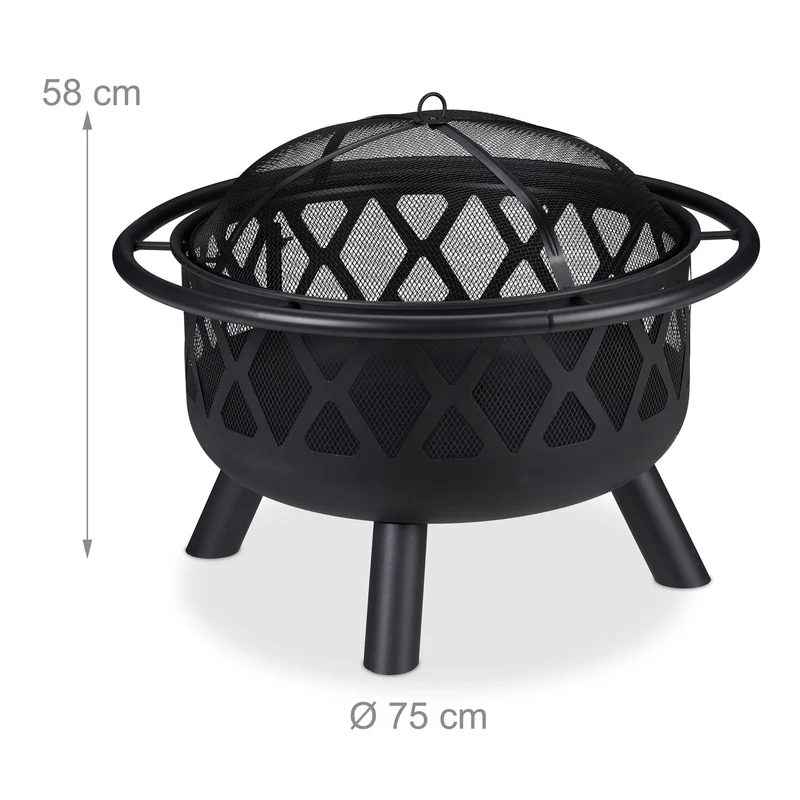 Brasero de jardin rond avec grillage réglable pour feux de camp convivial 80 x 80 x 40 cm en métal noir 13_0010061