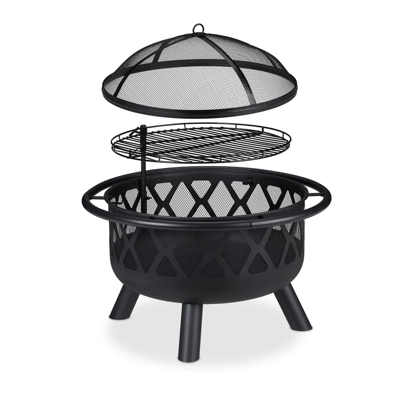 Brasero de jardin rond avec grillage réglable pour feux de camp convivial 80 x 80 x 40 cm en métal noir 13_0010061
