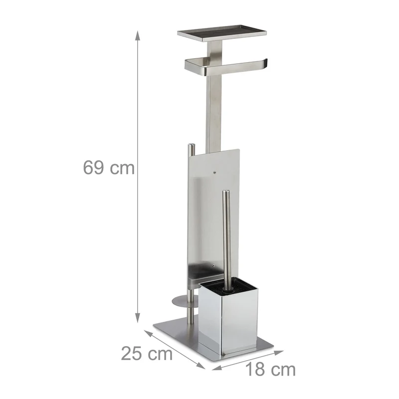 Serviteur WC élégant avec porte-rouleau et porte-brosse 40 x 20 x 20 cm en acier inoxydable argenté 13_0010820