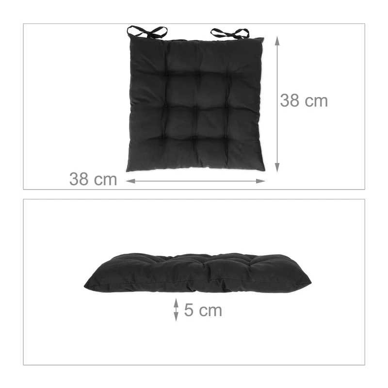 Lot de 4 galettes de chaise confortables avec attaches pour intérieur extérieur 40 x 40 x 4 cm en plastique noir 13_0010864