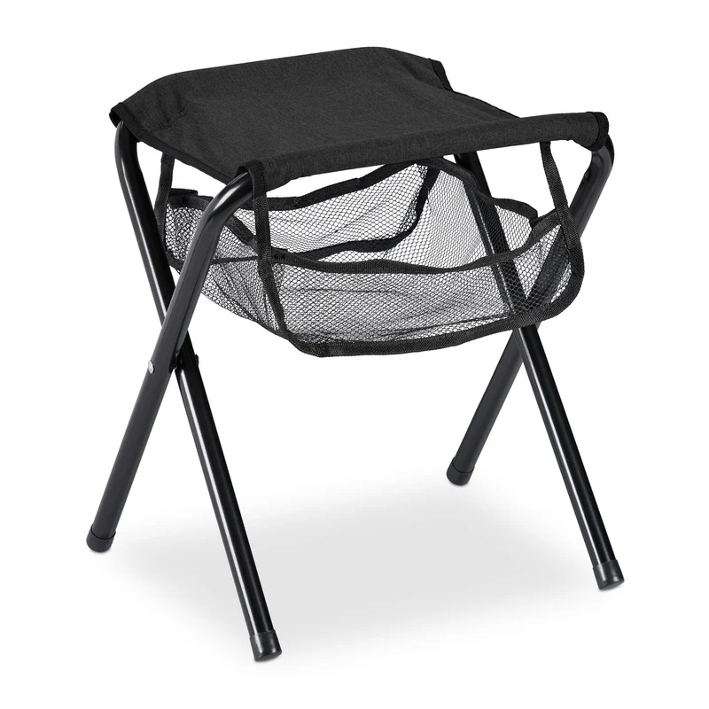 Tabouret pliant de jardin compact léger 40 x 30 x 30 cm avec poche rangement usage extérieur en polyester noir 13_0010643