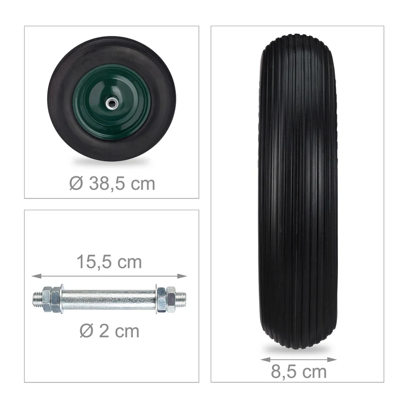 Roue de brouette increvable avec axe diamètre 38,5 cm confort de manutention robuste en PU noir 13_0010717