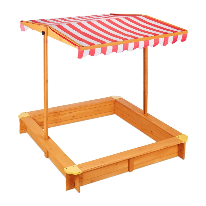 Bac à sable carré plein air jardin avec toit réglable et textile de protection 120 x 120 x 150 cm en bois naturel 13_0011687