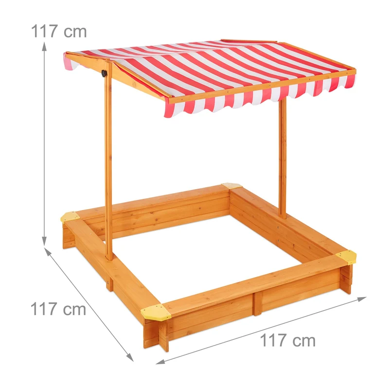 Bac à sable carré plein air jardin avec toit réglable et textile de protection 120 x 120 x 150 cm en bois naturel 13_0011687