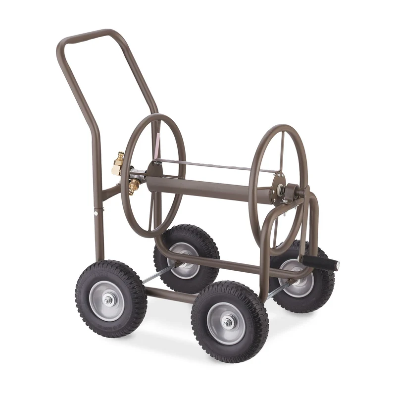 Dévidoir à tuyau mobile jardin 4 roues en acier marron avec manivelle pratique style contemporain 13_0012348