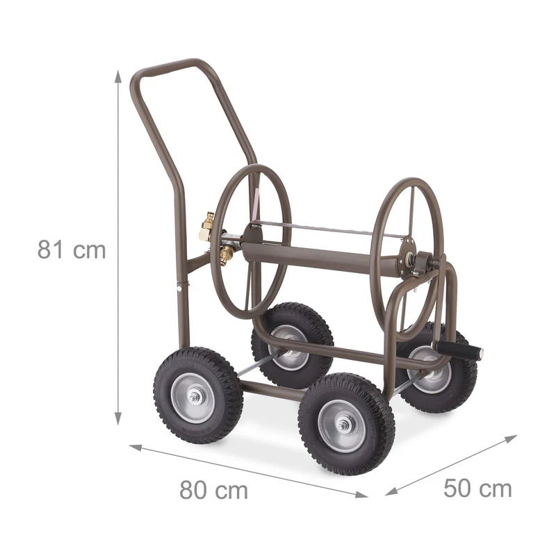 Dévidoir à tuyau mobile jardin 4 roues en acier marron avec manivelle pratique style contemporain 13_0012348