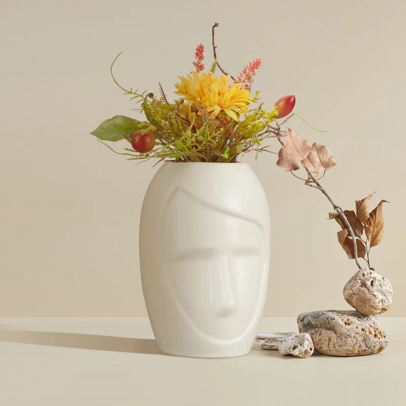 Vase décoratif original design bohème 30 x 15 x 15 cm polyvalent pour fleurs roseaux en céramique blanc 13_0013766