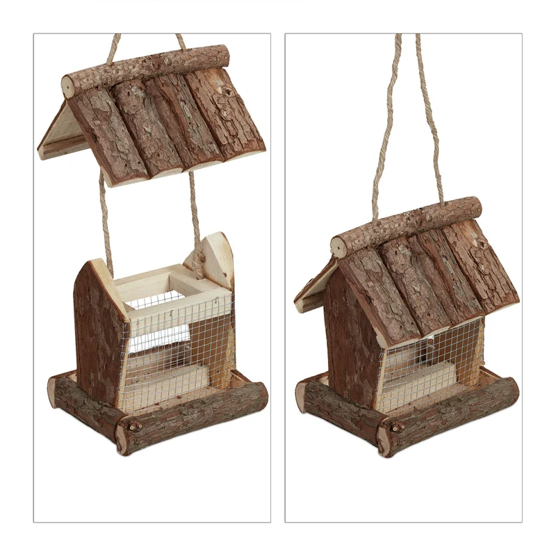 Mangeoire à oiseaux en bois décorative pour jardin balcon terrasse facile à remplir 25 x 25 x 25 cm en écorce marron 13_0009369