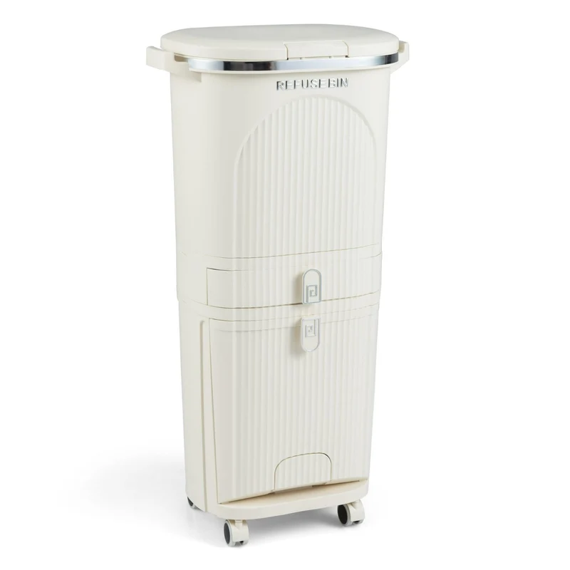 Poubelle de cuisine 43 x 29 x 82,5 cm tri sélectif 3 compartiments ergonomique facile à déplacer en PP beige 20_0018883