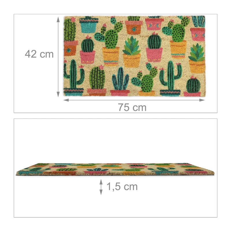 Paillasson antidérapant décoratif intérieur extérieur 75 x 45 cm motif cactus en fibre de coco marron 13_0011972