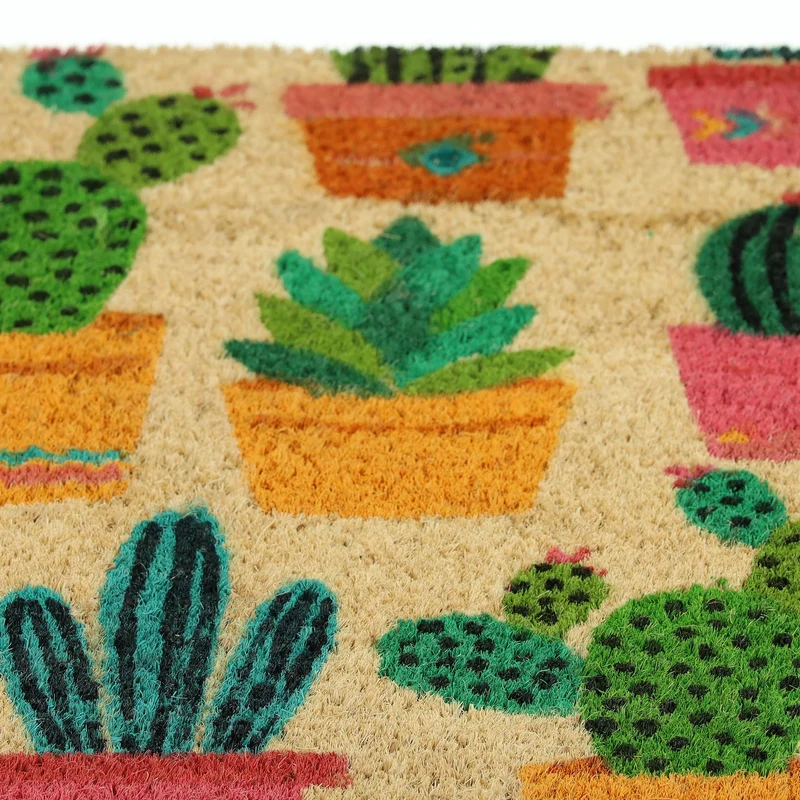 Paillasson antidérapant décoratif intérieur extérieur 75 x 45 cm motif cactus en fibre de coco marron 13_0011972
