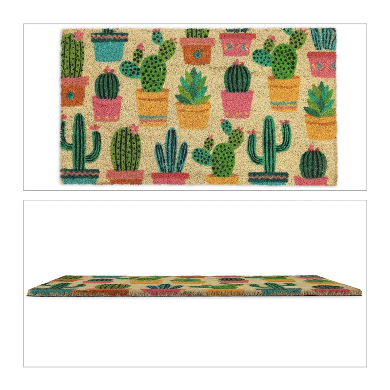 Paillasson antidérapant décoratif intérieur extérieur 75 x 45 cm motif cactus en fibre de coco marron 13_0011972