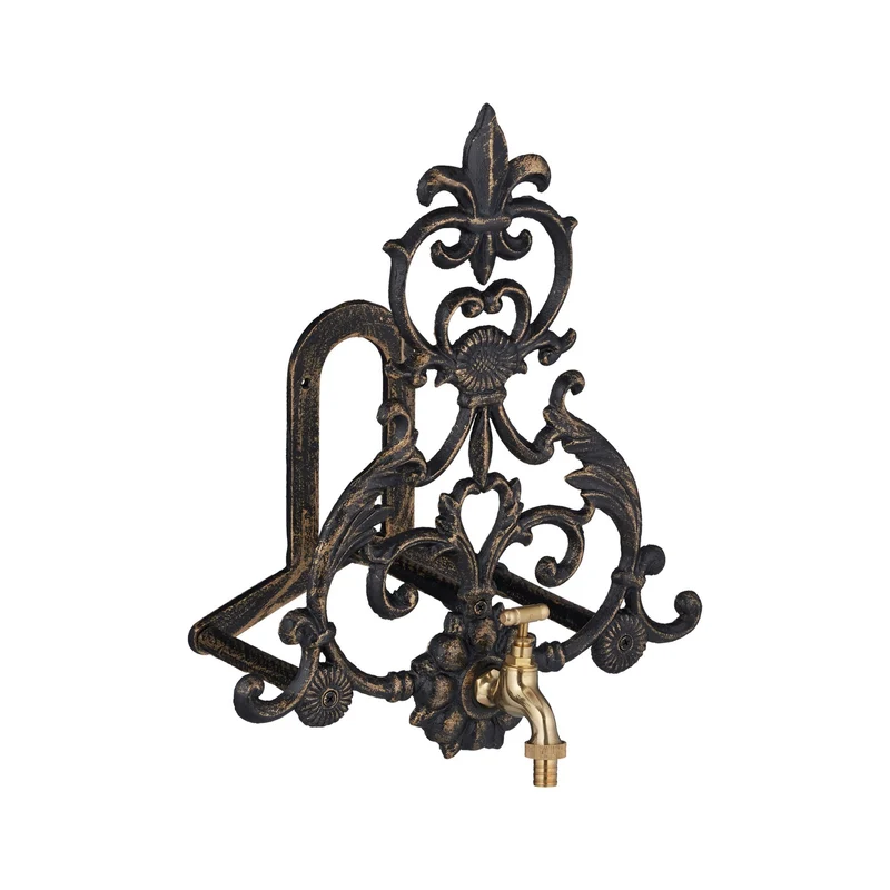Support mural pour tuyaux d'arrosage jardin décoratif 38,5 x 32,5 x 23 cm en fer gris 13_0009135