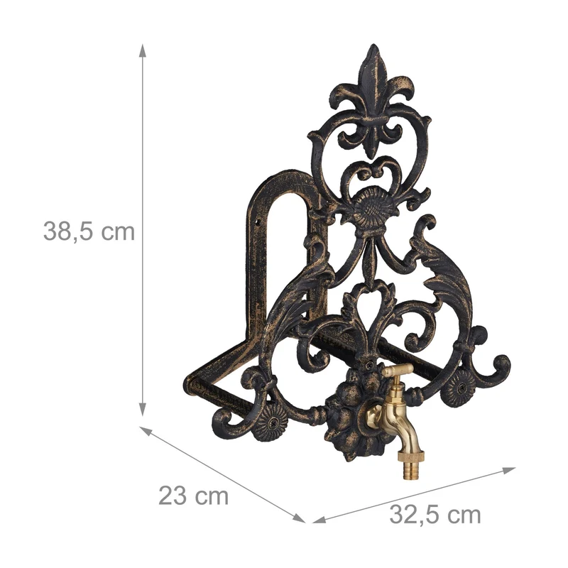 Support mural pour tuyaux d'arrosage jardin décoratif 38,5 x 32,5 x 23 cm en fer gris 13_0009135
