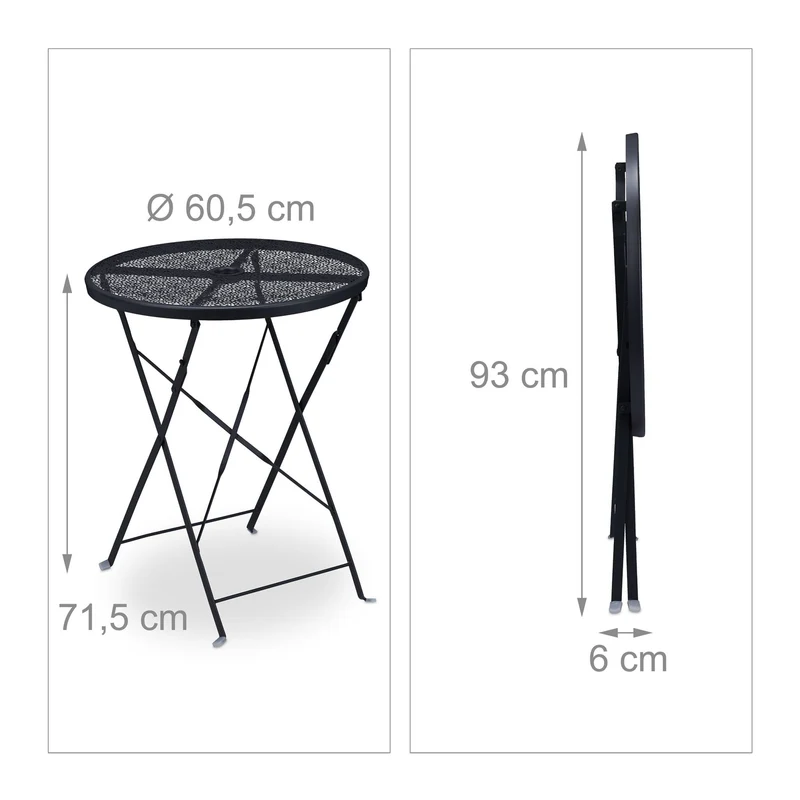 Table pliante ronde jardin balcon 90 x 90 x 74 cm design floral fonction trou pour parasol en acier noir 13_0010576