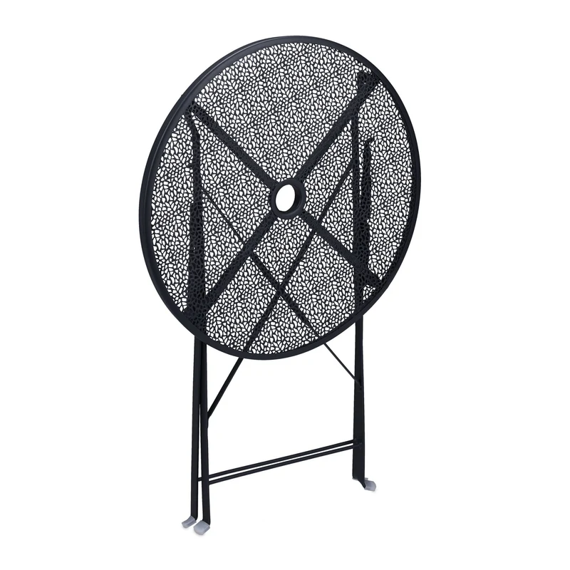 Table pliante ronde jardin balcon 90 x 90 x 74 cm design floral fonction trou pour parasol en acier noir 13_0010576