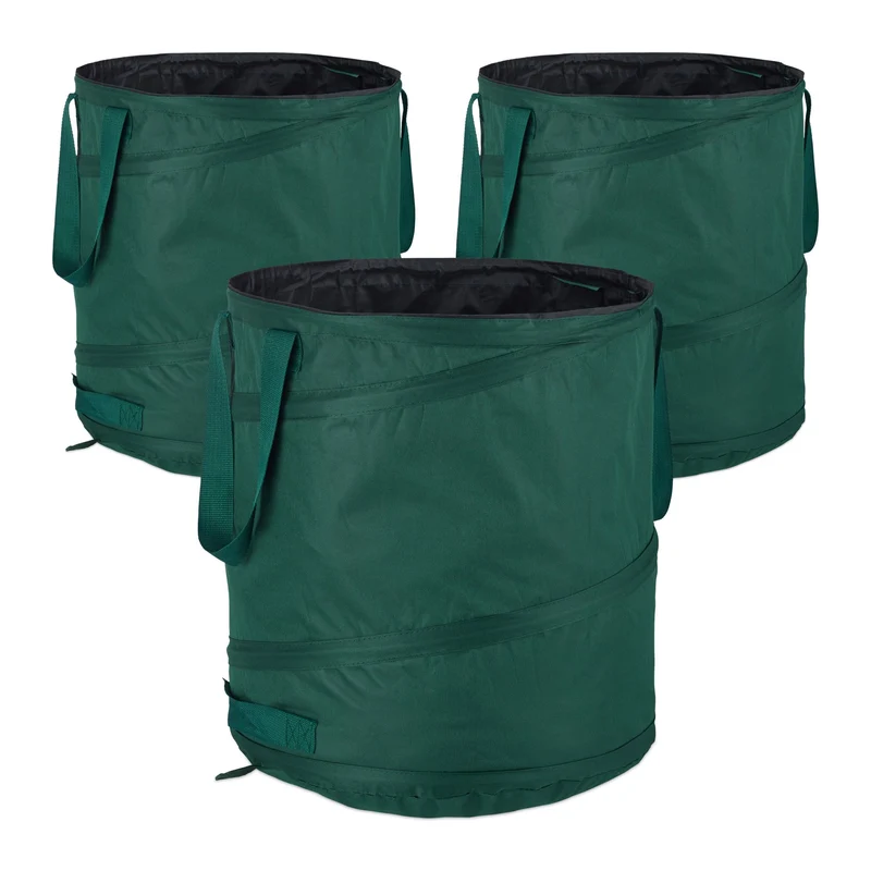 Lot de 3 sacs pop-up pour déchets verts jardin 60 L stabilisés et résistants au transport en polyester vert 13_0011504