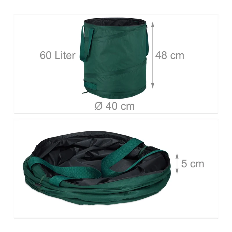 Lot de 3 sacs pop-up pour déchets verts jardin 60 L stabilisés et résistants au transport en polyester vert 13_0011504