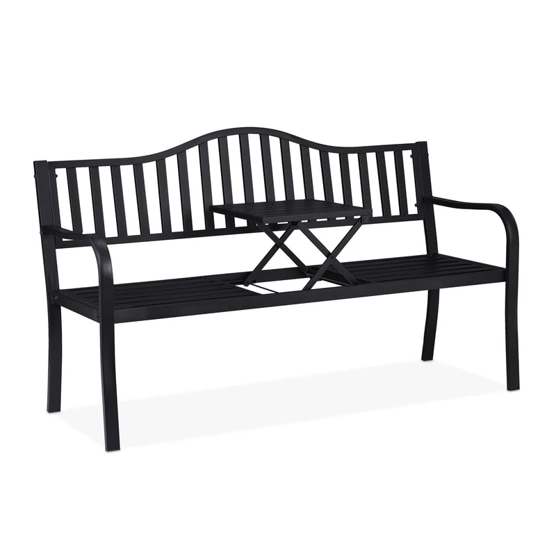 Banc de jardin avec table intégrée 150 x 58,5 x 89 cm pour 3 personnes style élégant en acier gris 13_0010637