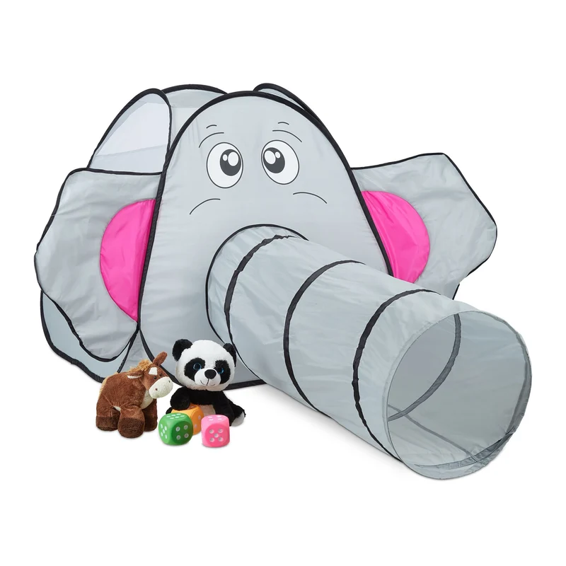 Tente de jeu en forme d'éléphant avec tunnel pour enfants 100 x 90 x 90 cm ambiance ludique en polyester gris 13_0011605