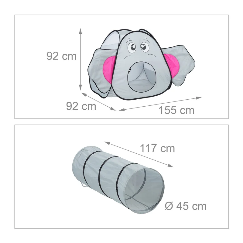 Tente de jeu en forme d'éléphant avec tunnel pour enfants 100 x 90 x 90 cm ambiance ludique en polyester gris 13_0011605