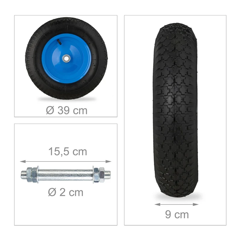 Lot de 2 roues de brouette 39 x 9 cm pour diable jante en acier charge 120 kg en caoutchouc noir 13_0010002