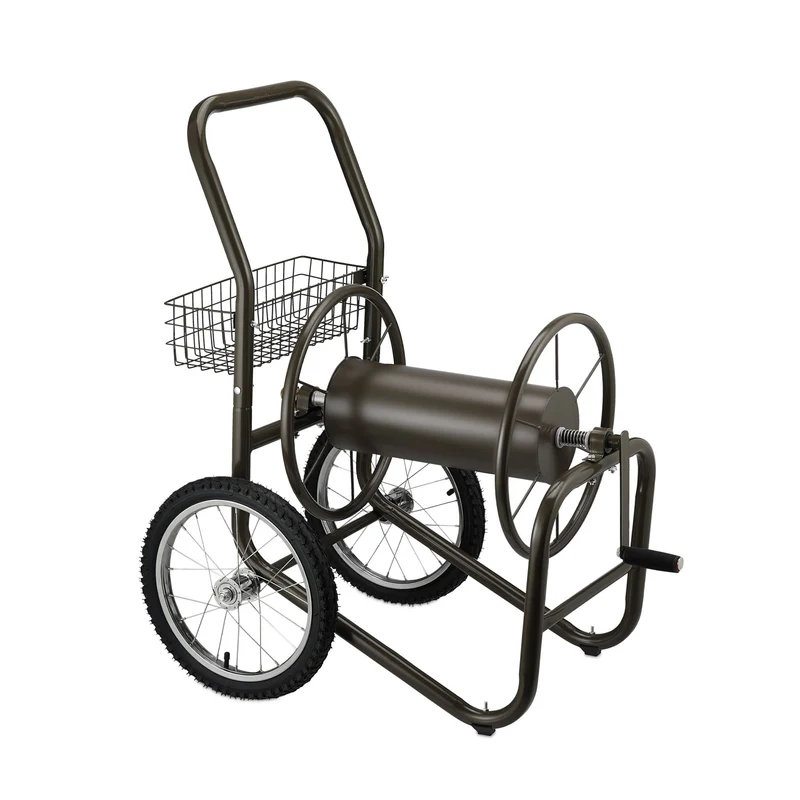 Chariot dévidoir tuyau arrosage avec panier 75 x 40 x 90 cm transport facile en métal brun 13_0011677