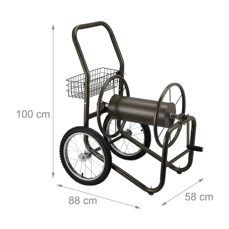 Chariot dévidoir tuyau arrosage avec panier 75 x 40 x 90 cm transport facile en métal brun 13_0011677
