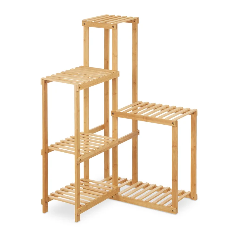 Étagère d'angle à plantes moderne 6 emplacements pour salon chambre touche naturelle en bambou beige 13_0012238