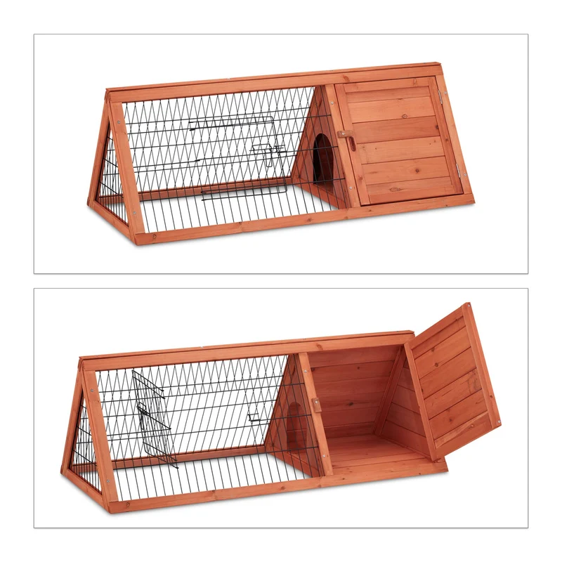 Clapier à lapin avec enclos extérieur intérieur 80 x 50 x 50 cm facile d'accès compacte en bois naturel 13_0011638