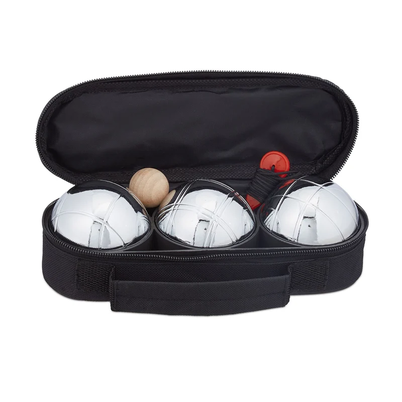 Lot de 3 boules de pétanque jeu de loisir extérieur avec sacoche 7,5 x 7,5 x 7,5 cm en métal argenté 13_0011945