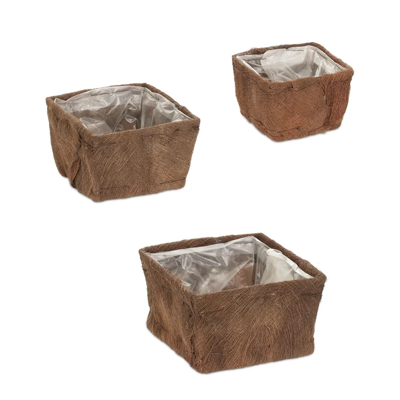 Lot de 3 cache-pots carrés décoratifs 15 x 15 x 15 cm utilisation intérieure extérieure en fibres de coco brun 13_0012566