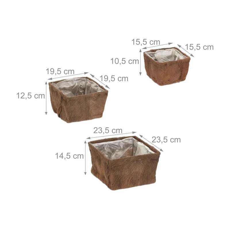 Lot de 3 cache-pots carrés décoratifs 15 x 15 x 15 cm utilisation intérieure extérieure en fibres de coco brun 13_0012566
