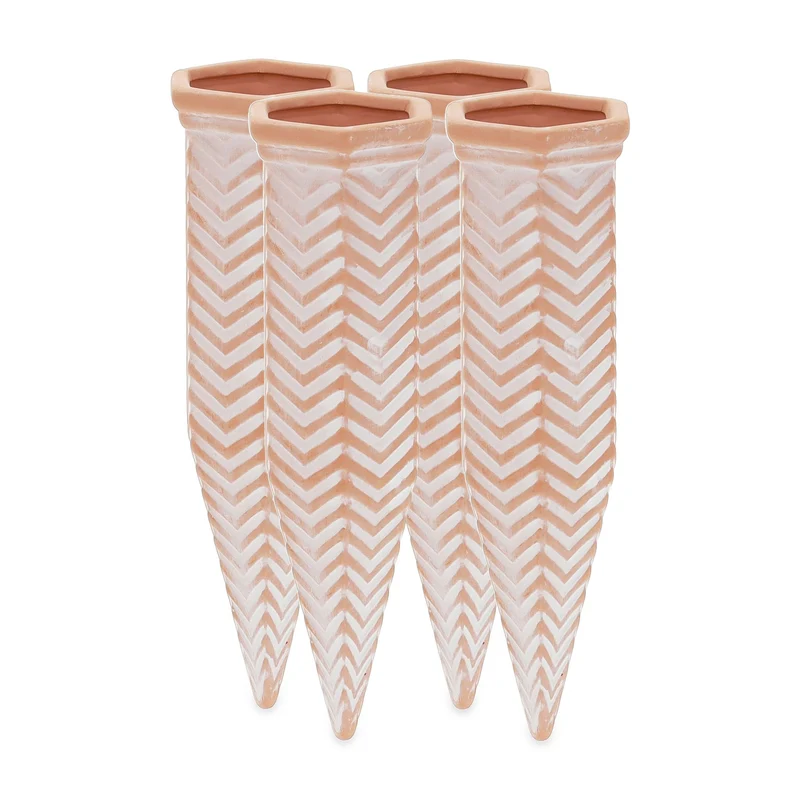 Lot de 4 cônes d'arrosage automatique design zigzag pour plantes 30 x 10 x 10 cm en argile terracotta 13_0012584