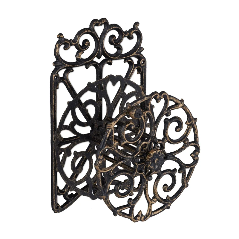 Support mural pour tuyau d'arrosage jardin décoratif en fonte avec ornements floraux 34 x 23 x 18 cm en fonte noir 13_0009133