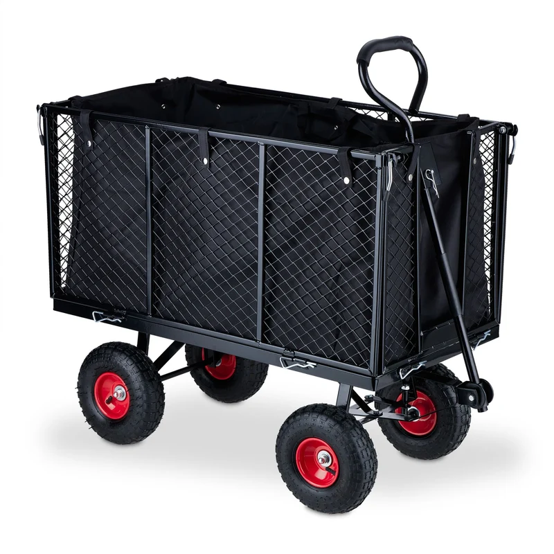 Chariot de jardin polyvalent 100 x 50 x 50 cm idéal transport extérieur parts rabattables en acier vert 13_0012726