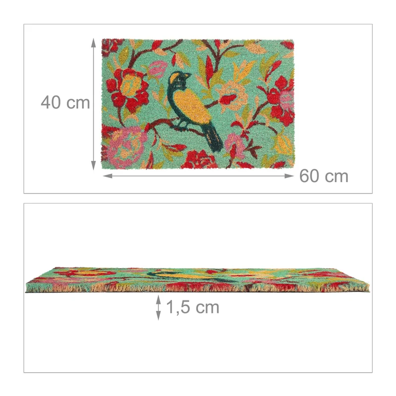 Paillasson mural antidérapant pour entrée 80 x 50 cm motif oiseaux design coloré en coco marron 13_0011403