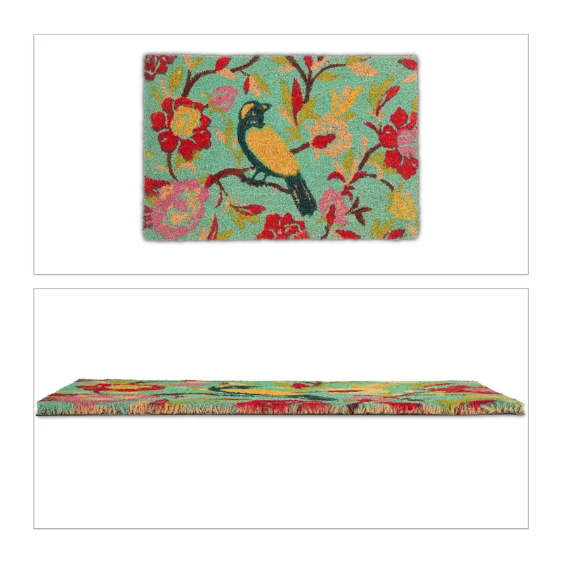 Paillasson mural antidérapant pour entrée 80 x 50 cm motif oiseaux design coloré en coco marron 13_0011403