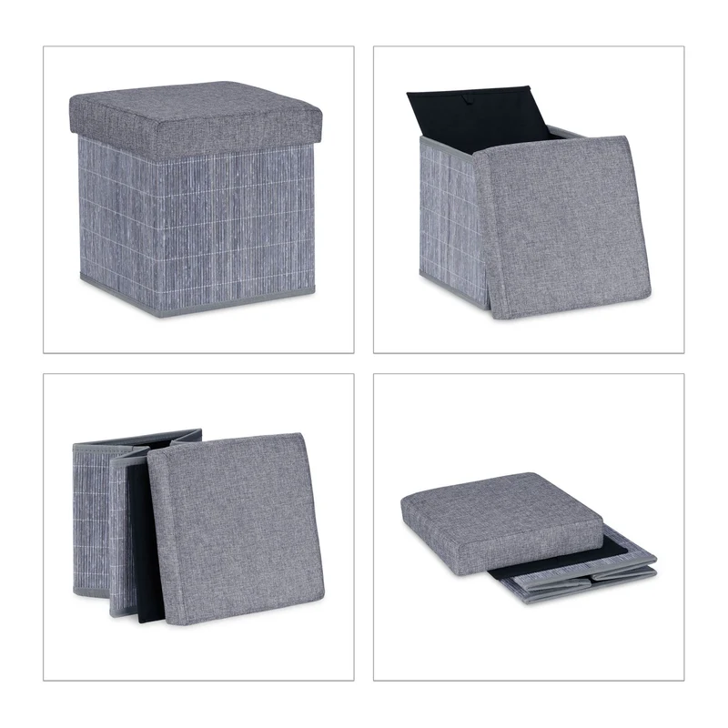 Tabouret d'appoint pliant avec espace de rangement 38 x 38 x 38 cm en bambou gris 13_0012165