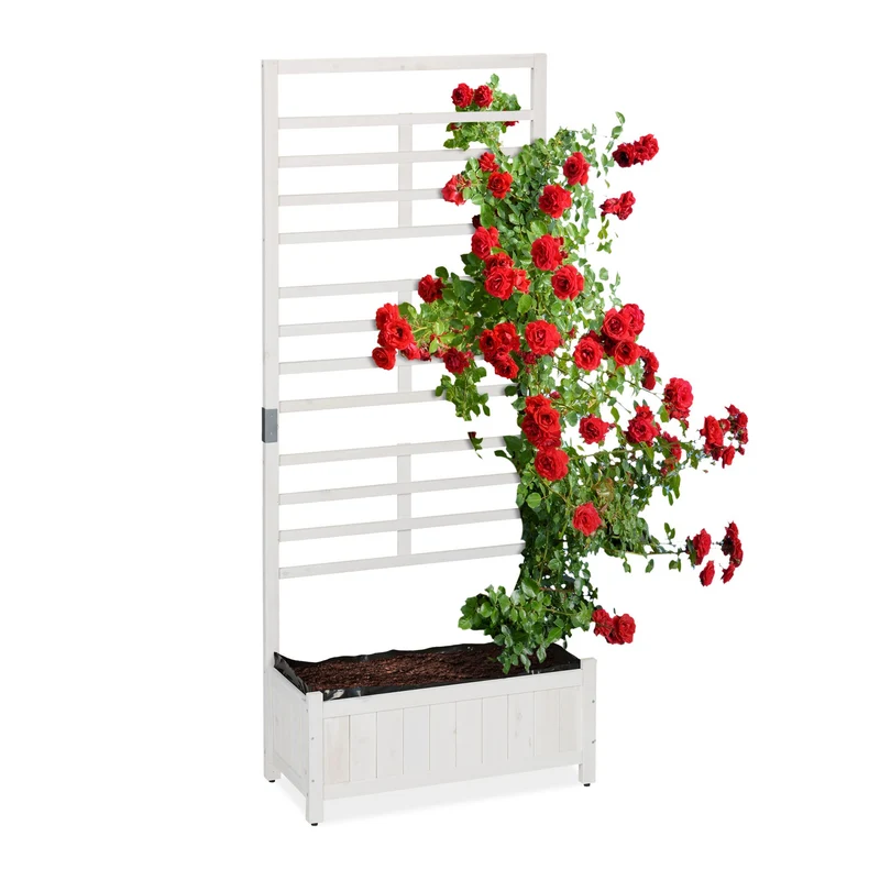 Jardinière avec brise-vue treillis 90 x 40 x 40 cm pour plantes grimpantes style moderne en bois blanc 13_0013873