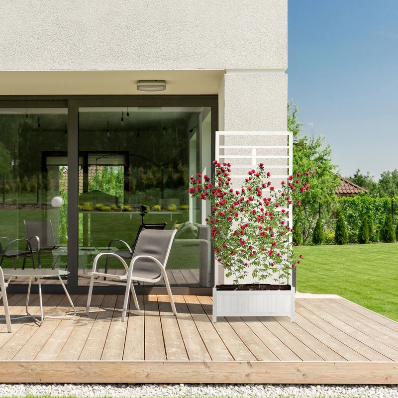 Jardinière avec brise-vue treillis 90 x 40 x 40 cm pour plantes grimpantes style moderne en bois blanc 13_0013873