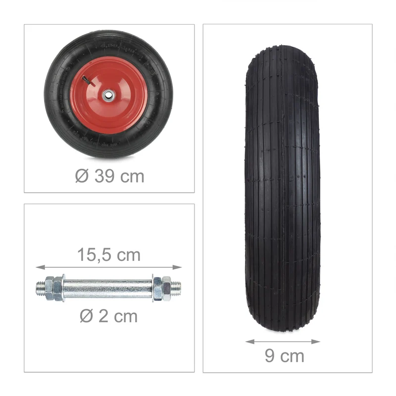 Roue de brouette pneumatique avec axe capacité de charge élevée 4.80 x 4.00-8 en acier noir 13_0010774