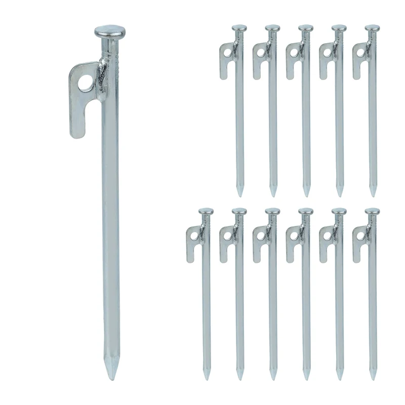 Lot de 12 piquets de tente acier robustes installation facile 20 cm pour sols durs extérieur en acier inoxydable argenté 13_0010517