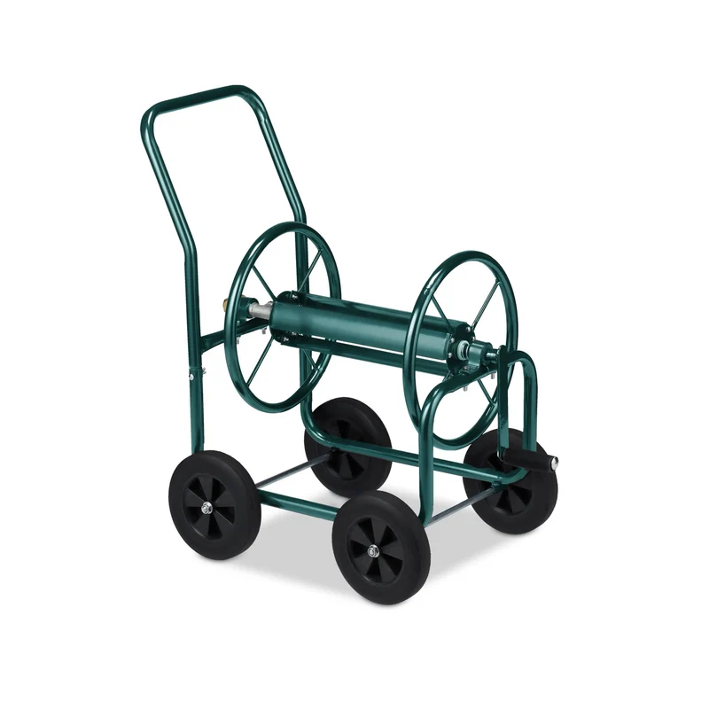 Lot de 1 chariot à tuyau d'arrosage pratique stable jardin 60 x 40 x 100 cm en métal vert 13_0009335