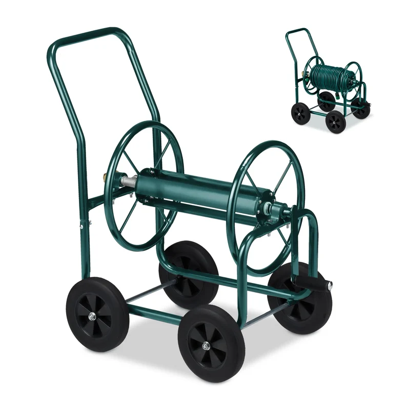 Lot de 1 chariot à tuyau d'arrosage pratique stable jardin 60 x 40 x 100 cm en métal vert 13_0009335