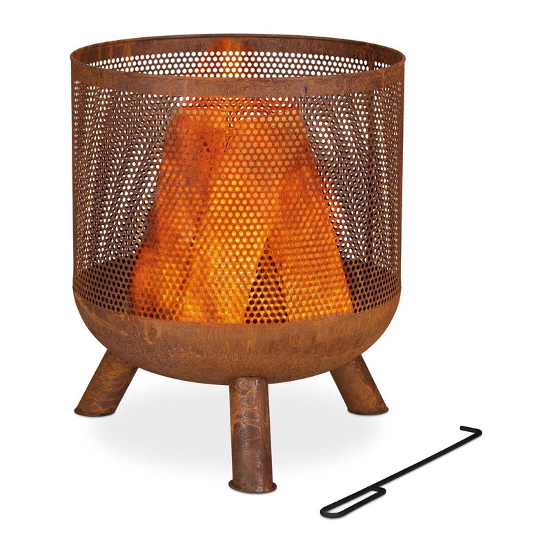 Brasero rond pour le jardin 65 x 65 x 35 cm déco élégante avec grille en maille et tisonnier en métal rouille 13_0011169