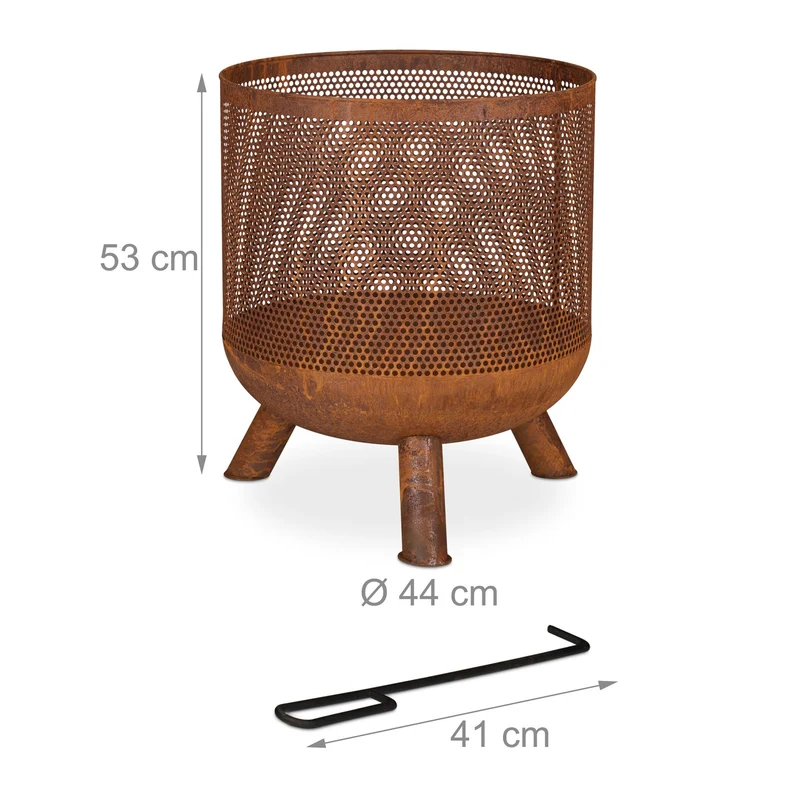 Brasero rond pour le jardin 65 x 65 x 35 cm déco élégante avec grille en maille et tisonnier en métal rouille 13_0011169