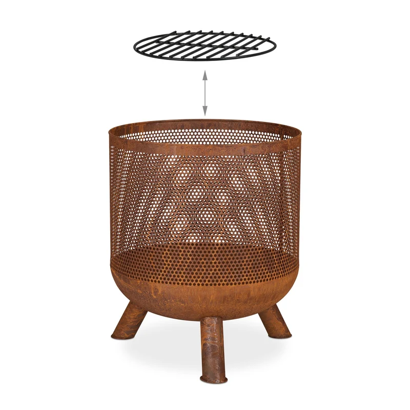 Brasero rond pour le jardin 65 x 65 x 35 cm déco élégante avec grille en maille et tisonnier en métal rouille 13_0011169