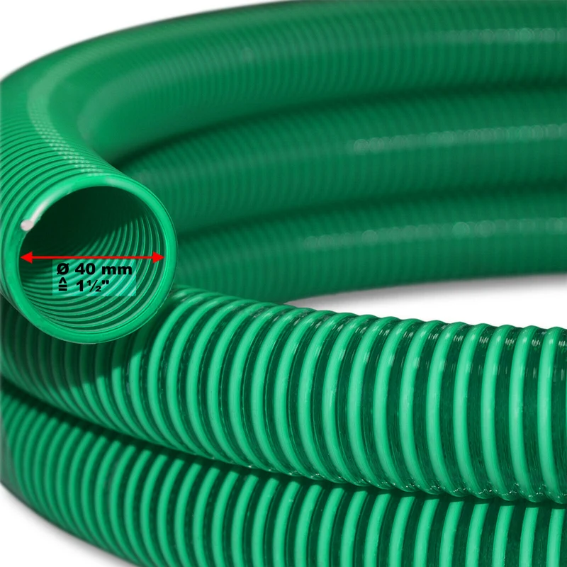 Tuyau d'aspiration 5 m à pression diamètre 40 mm (1 1/2") spirale renforcement vert 16_0001623